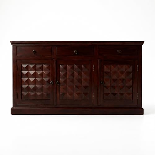 Image of SONA ART & CRAFTS Diamond Solid Sheesham Wood Sideboard Cabinet Storage Organizer with 3 Drawer & Door Cabinet for Home Living Room & Bedroom Multi Shelves Cabinets Hallway Dinning (Walnut Finish)