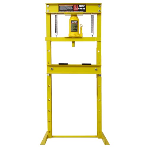 12-Ton Hydraulic Shop Press,H-Frame Floor Mount Hydraulic Press,for Car Repair and Garage,Bending,Straightening,Pressing Parts,Installing Bearings,U-Joints,Bushings,Ball Joints & Pulleys,Yellow