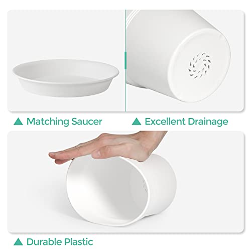 T4U 4 Inch Plant Pots 18-Pack - Small Plastic Planter With Drainage Hole And Saucer, Decorative Nursery Flower Pot Bulk For African Violet, Snake Plant, Succulent And All House Plants Indoor (White) #TOP6