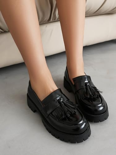 Image of Black Loafers Women Platform Chunky Business Casual Shoes | Memory Foam Insoles,Lug Sole,Slip on,Comfort Loafers for Work,Office,Commute,Versatile Daily Wear