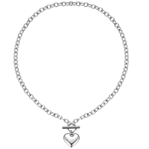 Emibele Colliers à Breloques en Argent pour Femmes, Collier Ras-de-cou Paperclip Fermoir OT, Collier en Acier Inoxydable avec Coeur Non Terni Cadeaux pour la...