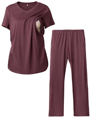 Image of Rnxrbb V Neck Nursing Pajamas Set Postpartum Pjs Maternity Breastfeeding sleepwear for Women with Pockets 2 Pack