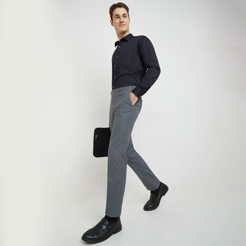 Image of Raymond Men's Mid Rise Slim Fit Stripe Pattern Polyester Blend Flat Front Formal Trouser