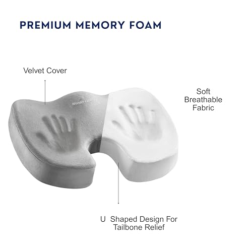 Image of Wonder Care Orthopedic Coccyx Cusion | High Density Memory Foam for Back Pain, Sciatica, Tailbone Relief | 2 Years Warranty (Velvet Cover, 70Kg)
