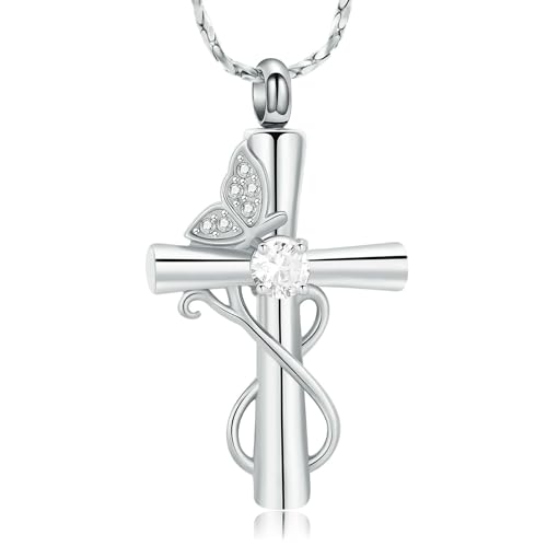 Collier urne croix et papillon en argent pour cendres funéraires