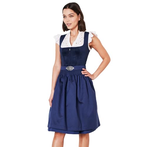 Krüger Dirndl Alisha 60cm Länge Knielang | Eleganten Samt-Dirndl mit gemusterter Dirndlschürze | Damen (DE/NL/SE/PL, Numerisch, 36, Regular, Regular, dunkelblau)
