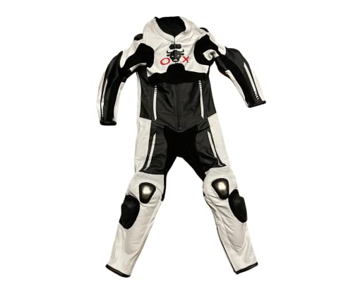 Ox One Piece Fully Protective Motorcycle Suit, 100% Natural Leather From Cowhide, W/Back Hump For Aerodynamics, Black/White, Medium #TOP3