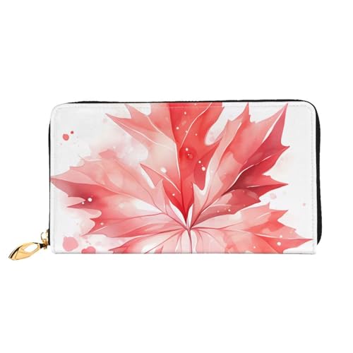 Long Wallet for Women & Men, Red Maple Leaf Print Leather Bifold Wallet Clutch Purse, for Credit Card Coin Receipts