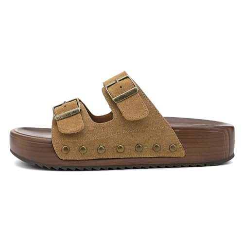 Image of UBFEN Womens Platform Slide Sandals | Real Leather,Buckle Sandals with Cushioned Flatform Footbed,Comfortable for Walking,Arch Support,Casual Styling
