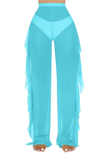 Image of Jumppmile Women's Ruffle Sheer Mesh Swimwear Bikini Cover Up Pants See Through