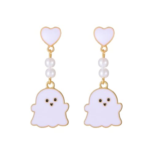 coadipress Halloween Earrings for Women Cute Funny White Blue Pink Ghost Love Heart Pearl Dangle Drop Earrings Creative Halloween Party Cosplay Costume Jewelry Gifts