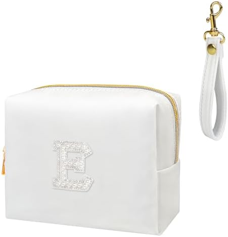 Fmeida Initial Patch Makeup Bag - Small Makeup Pouch for Purse with Detachable Handle, Personalized Preppy Cosmetic Bag, Monogram Gifts for Bridesmaids, Birthday, Wedding, Pearl Letter E