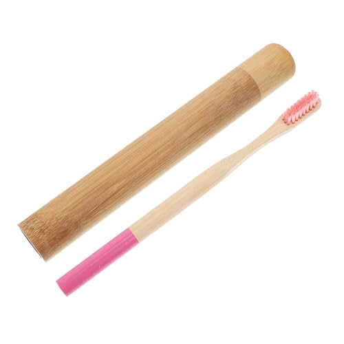 Mikikit Cepillo de Dientes de Bambú Portátil Duradero con Mango Redondo Color Rosa Fucsia, 1 Unidad con Tubo de Almacenamiento Ecológico, Herramienta Práctica Cuidado Bucal Diario