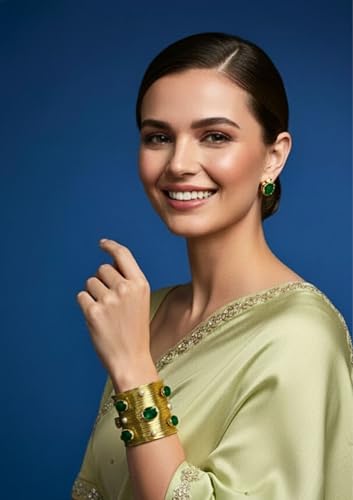 Image of Mansiyaorange Green Glass CZ Pearls Stone Fancy Western Cuff Bangle Bracelet