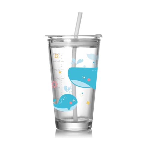 Image of Glass Coffe Mug with Lid and Straw, Glass Reusable Sipper Bottle with Leather Sleeve Glasss Coffee Mug with Silicone Straw and Leakproof Lid Tumbler for Coffee (Cartoon Mug)