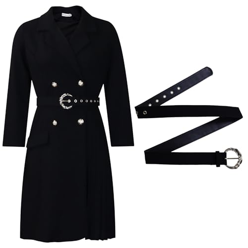Women's Lapel Neck Double Breasted Blazer Dress Business Elegant 3/4 Sleeve Pleated Midi Dress with Belt4