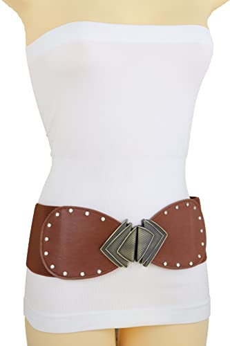 Women Fashion Wide Elastic Brown Belt Hip High Waist Gold Metal Fans Buckle Size S M2