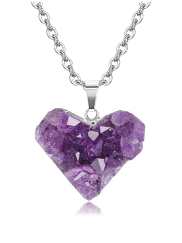 Jovivi Collier Coeur Améthyste Pierre Naturelle Femme Pendentif Pierre Précieuse Brute Cristal d'Énergie Bijoux Cadeau pour Maman Femme Fille Anniversaire