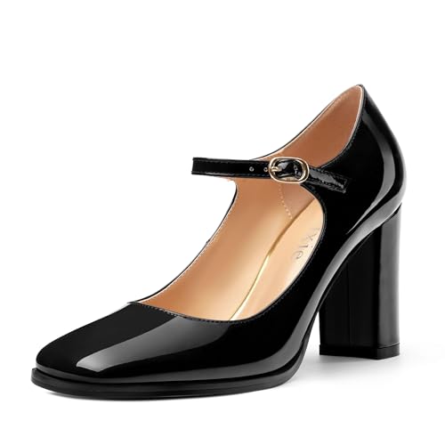 Women's Mary Jane Heels, Chunky Heels Mary Jane Square Toe Pumps One Strap Patent Leather Block High Heels Dress Shoes 3.15 Inch