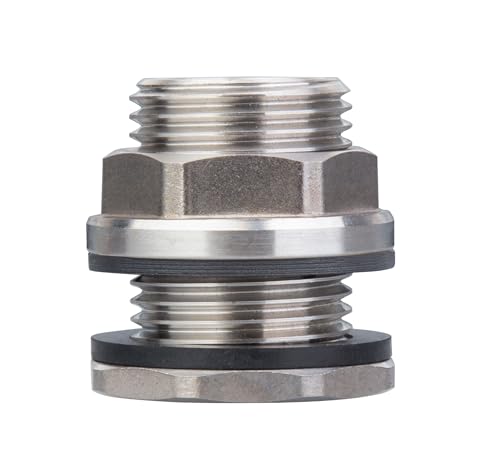RAINPAL SSBF020 Stainless Steel 304 Bulkhead Tank Fitting (Double Female 1/2 NPT/FIP and Male 3/4 MHT Garden Hose Threaded w/Step Gasket) (1)