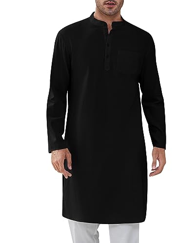 Gafeng Mens Kaftan Robe Button Down Long Sleeve Henley Cotton Thobe Casual Side Split Gown Shirt Black