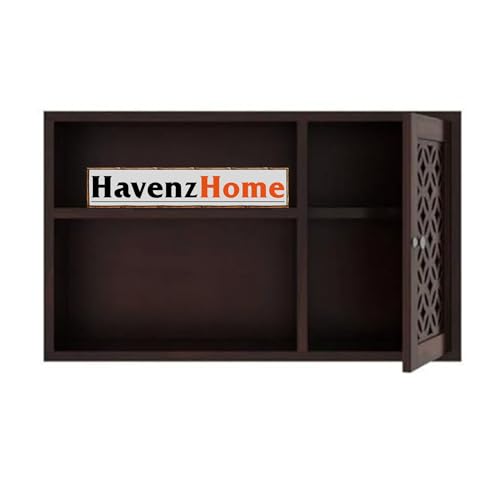 Image of Solid Sheesham Wooden Wall Shelf with Lattice Door, 71x46x18 cm | Sheesham Wall Mount Shelf, Book Storage Rack for Living Room | Bedroom | (Dark Walnut -1)