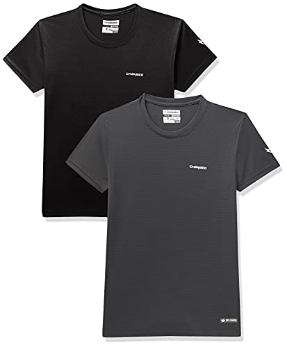 Image of Charged Play-005 Interlock Knit Geomatric Emboss Round Neck Sports T-Shirt Black Size Small And Charged Pulse-006 Checker Knitt Round Neck Sports T-Shirt Graphite Size Small