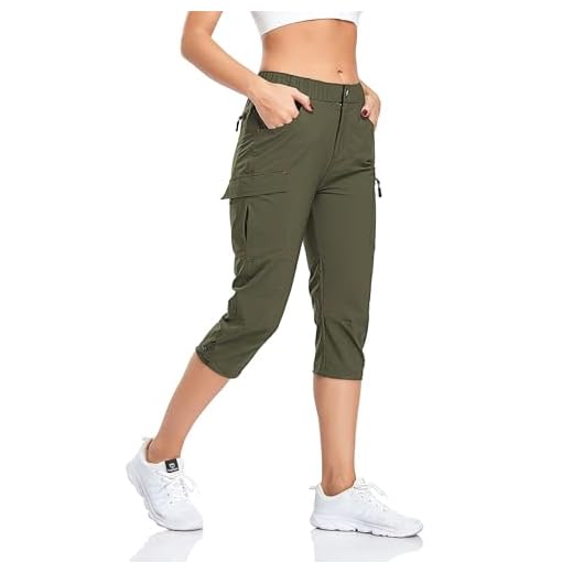 GymBrave Pantalon de randonnée pour femmes - Pour l'extérieur, marche, longueur 3/4 - Léger, séchage rapide, résistant à l'eau - Pantalon de randonnée avec poches zippées, vert militaire, M