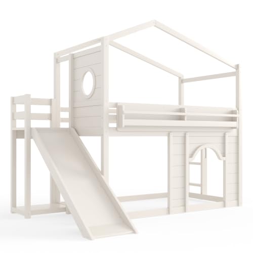 Image of Bellemave Bunk beds Twin Over Twin with Slide,Bookshelf and Wardrobe House roof Design, Low bunk /loft Bed for Kids,Beige