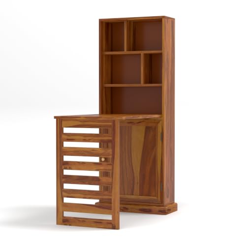 Image of Sheesham Wood Study Table with Bookshelf & Storage Cabinet | Space Saving Writing Desk for Home Office & Study Room (Honey Finish)