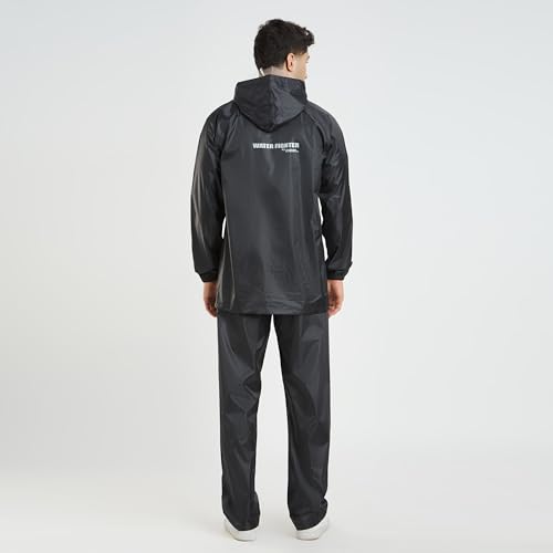 Image of Water Fighter by ZEEL Rain Coat for Men with Adjustable Hood, Polyester Waterproof Full Sleeves, Top and Bottom Set Rainwear, Front Zip with Snap Button Flap (EWF311, Black, XL)
