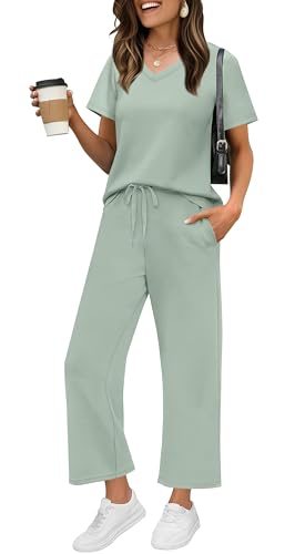 Image of WIHOLL 2 Piece Sets for Women Summer Lounge Set Wide Leg Pants Matching Set Vacation Travel Outfits Beach Clothing