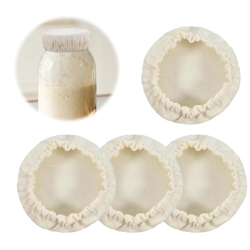 KAHZOR 4 Piezas Tapas de Tela para Masa Madre, Cubiertas Elásticas Reutilizables de Algodón para Fermentación de Masa Madre en Tarros de 10 cm, Ideal para Preparación de Pan y Repostería