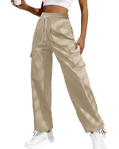 Bsubseach 2025 Linen Harem Cargo Pants Women Wide Leg Parachute Boho Drawstring High Waist Flowy Beach Outfits with Pockets(1 Khaki, Medium)