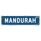 Mandurah Street Sign Pattern Print Tin Sign Vintage Metal Sign, Retro Wall Art Plaque for Living Room Bar Pub Garage Cafe Home Decor, Metal Poster, 4 × 16 Inch