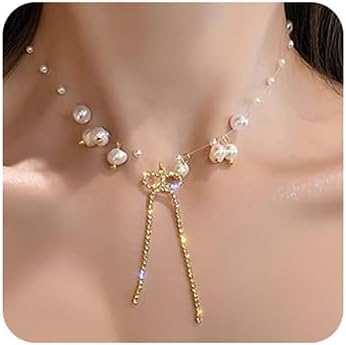 Wiwpar Dainty Pearl Clavicle Chain Choker Necklace Rhinestone Butterfly Pendant Necklace Clavicle Necklace for Women