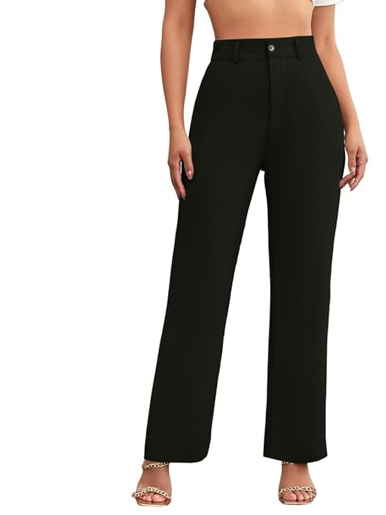 Image of Women's Poly Cotton Trousers Pants Relaxed Fit Boot Cut Ribbed Bell Bottom Trousers for Women