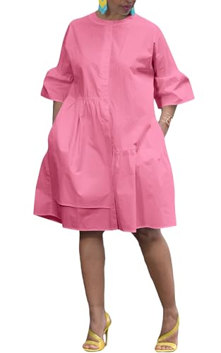 Image of Choichic Button Down Shirt Dresses for Women with Pockets Flare Bell Sleeve A-Line Midi Tunic Dress