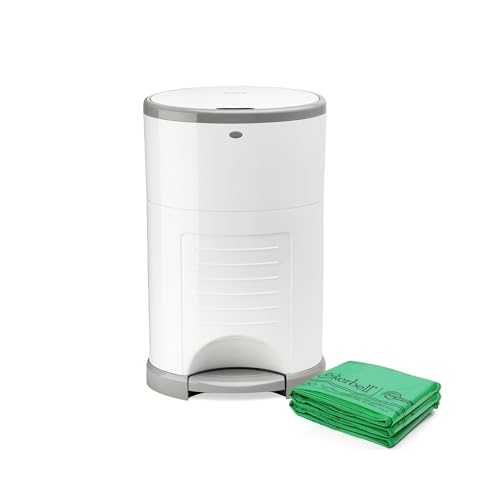 Korbell Plus Nappy Bin & Disposable Liner Bundle Lasting Up to 17 Months | 72 Weeks Hygienic, Odour Trapping & Hands Free | Includes 4 Packs of Biodegradable Liners | Pure White