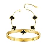 KIOGIU Women's Bracelet Gold Plated Cuff Bangle Clover Bracelet Set for Women Four Leaf Lucky Bracelets Jewelry oval Bangle Witness the Gift of Love (Gold-B, Large 7.2