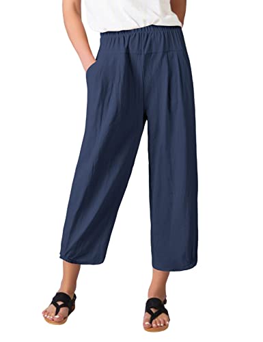 PASUDA Pantalon Femme Été Coton Lin 7/8 Pantalons Fluide Large Taille Haute Elastique...