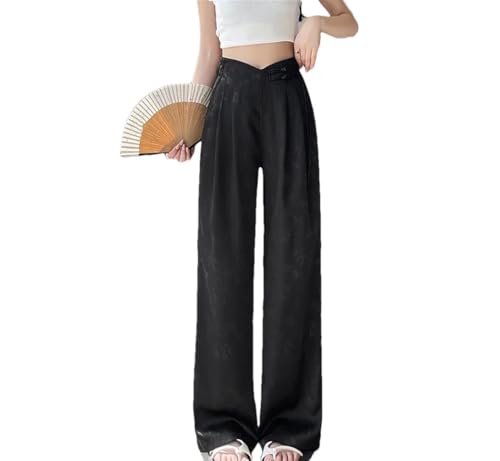 Women's Chinese Style Satin Pants Summer Elegant Wide Leg High Waist Solid Pockets Loose Trousers