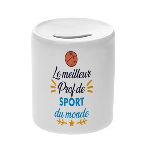 Tirelire Céramique Blanche - Le Meilleur Prof de Sport du Monde Basket Ballon Equipe - Boîte à Monnaie avec Bouchon Décoration Chambre Imprimé en France