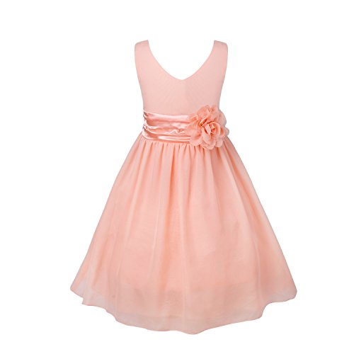 YiZYiF Enfant Fille Robe Demoiselle d'honneur Mariage Robe Cérémonie Soirée Bal Mousseline Robe sans Manche V Cou Robe Princesse Ceinture à Fleur Robe Anniversaire 2-14 Ans Corail 7-8 Ans