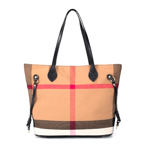 Spacious Large Capacity Luxury Women's Chequered Cross-Body Bag Canvas and Faux Leather Commuter Travel Tote