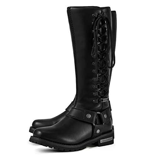 Motorcycle Boots for Women with Full Size Zipper & Lace Details, Black Motorcycle Riding Boots for Ladies with Heel, Classic Harness Design, Mid Calf