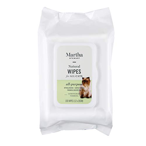 Martha Stewart Lemongrass Verbena Cat Wipes | Natural Hypoallergenic Cat Bath Wipes, 100