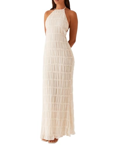 Image of Women Halter Neck Maxi Dress Sleeveless Lace Tiered Smocked Long Dress Sexy Backless Party Vacation Beach Sundress Apricot