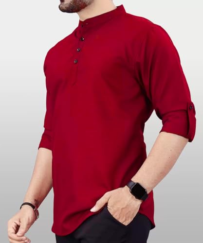 Image of DEEMOON Men's Regular Fit Solid Sprad Collar Casual Shirt with a Trendy Mandarin Collar Crafted from a Premium Cotton Blend