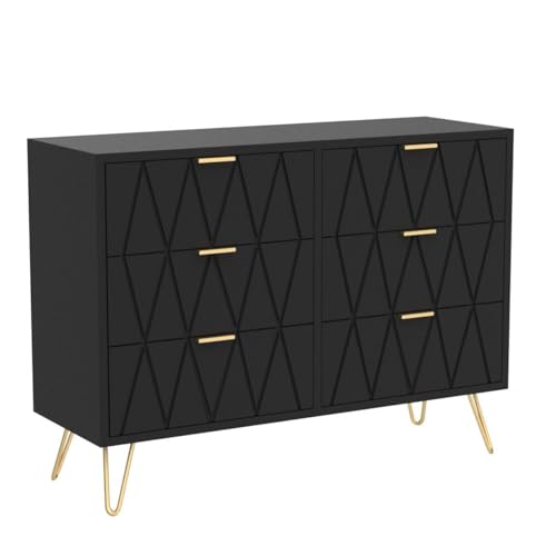 Anbuy Black 6 Drawer Dresser for Bedroom, Large Double Dresser with Wide Drawers and Gold Handles, Modern Chest of Drawers
